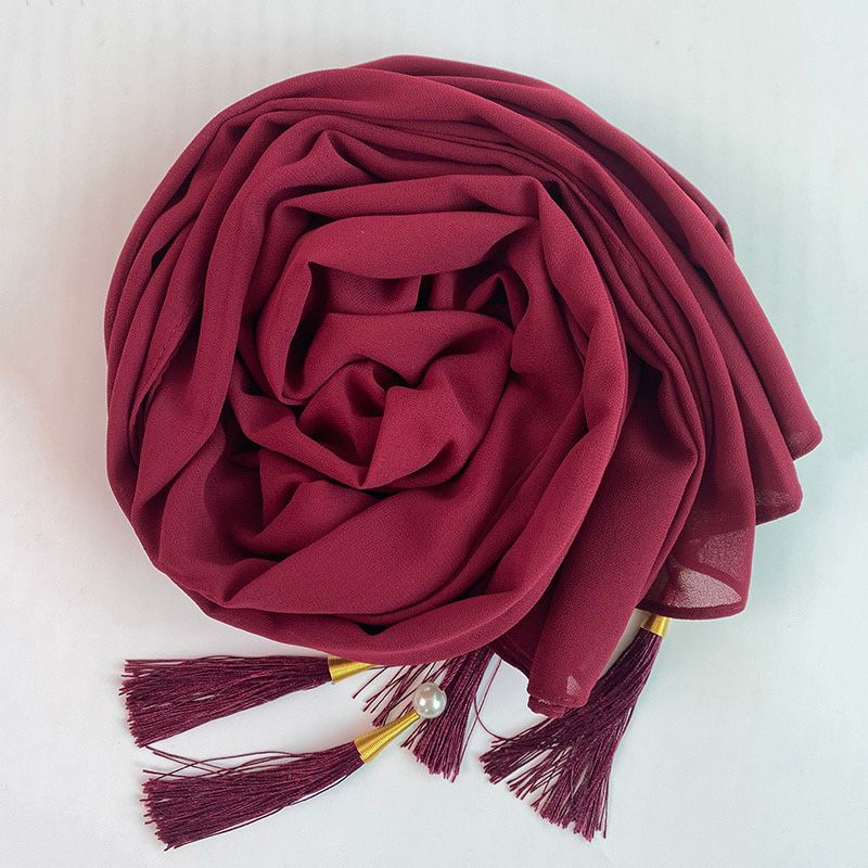 Designer Bubble Chiffon Solider Color Scarf Long Soft Wrap Scarf Shawl Scarves Femme Bufandas Beaded Pearls Hijabs Tassel Scarf