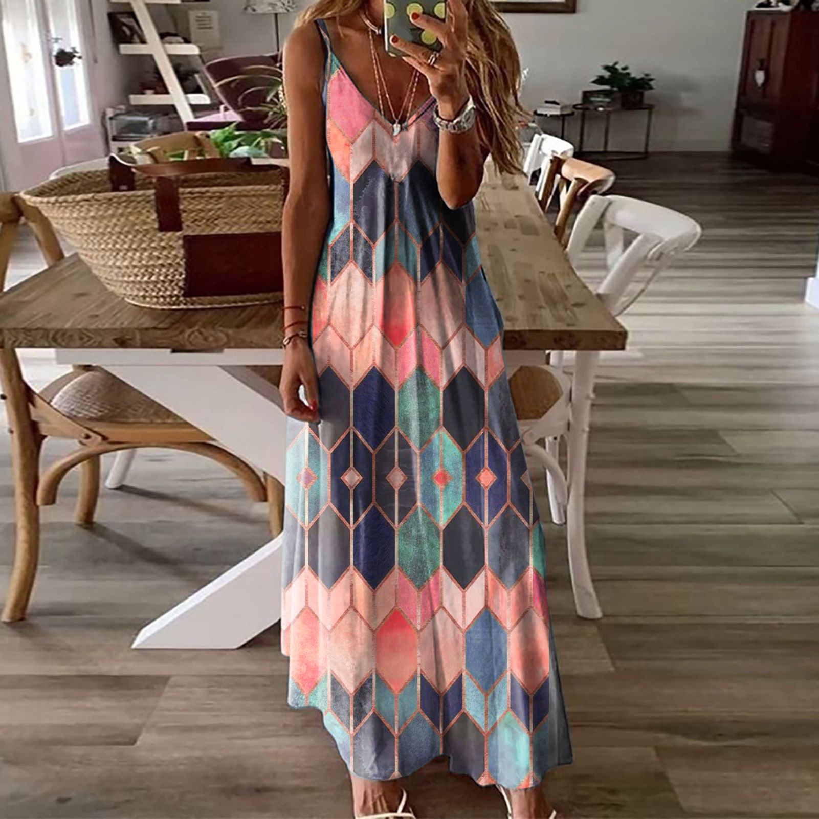 Maxi Dress Geometric Print Elegant Long Dress