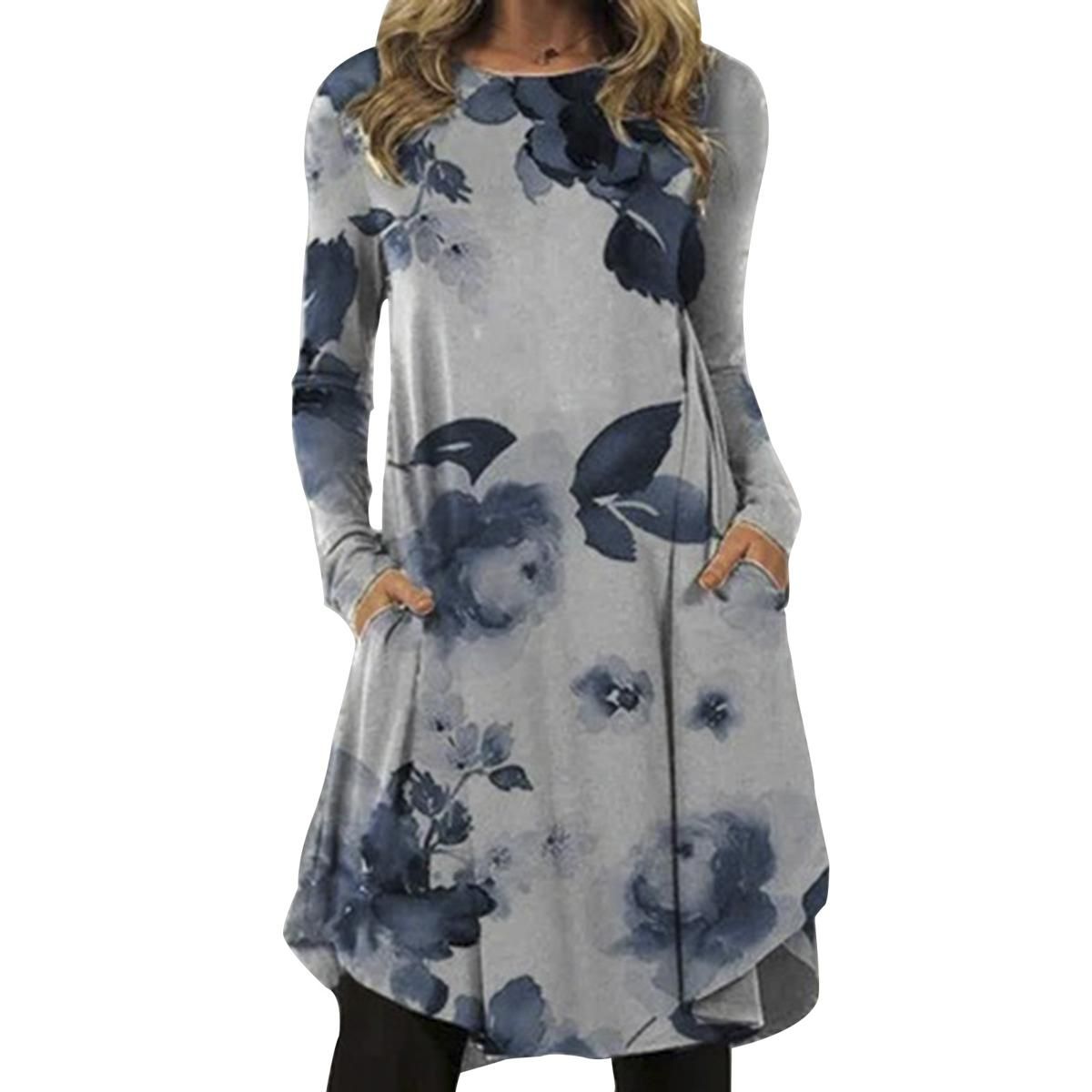 Office Lady Dress Leaf Print Pockets Large Hem Dress