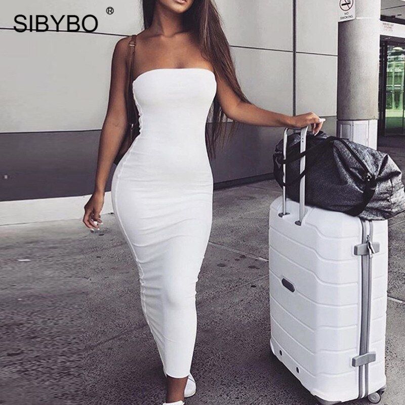 Off Shoulder Strapless Women Dress Sleeveless Straight Long Bodycon Dress Backless Casual Summer Party Dress Women