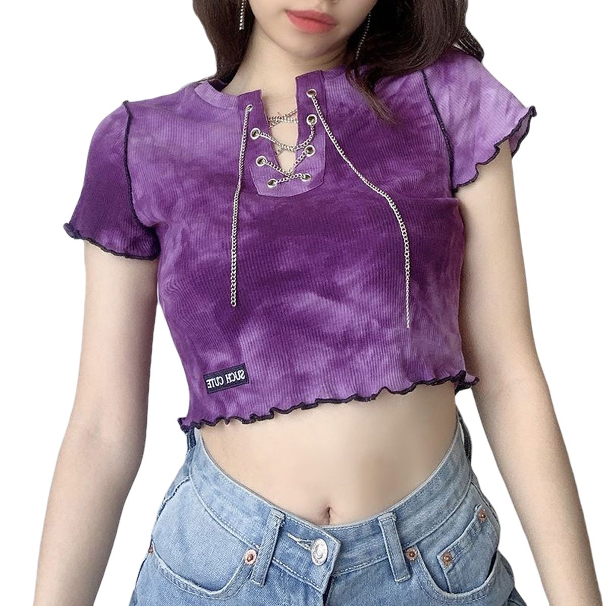 New Summer Girls Short Sleeve T-shirt, Ladies Personalized Chain Decoration Random Dyeing Casual Crop To