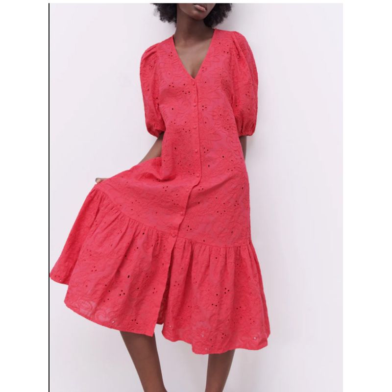 Casual Summer Red Embroidery Cotton Dress V Neck Short Sleeve Hollow Out Ladies Long Dresses for women 2021 Vestidos Robe Femme