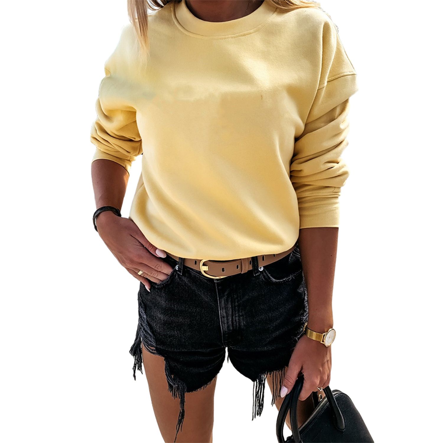Women's Long Sleeve Sweatshirts, Casual Solid Color Crewneck Pullover Thick Warm Loose Top