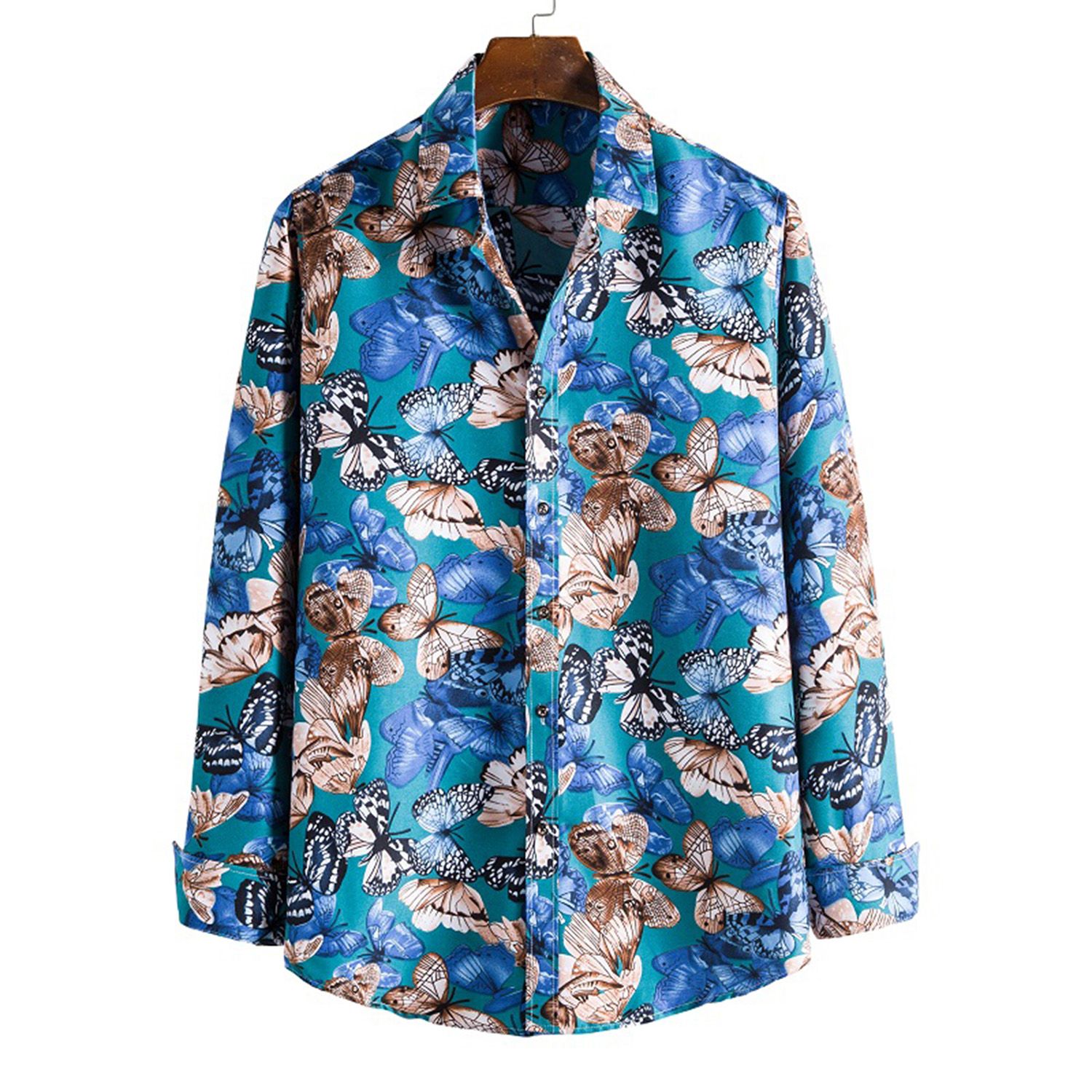 Summer Shirt Butterflies Print Buttons Men Long Sleeve Lapel Top for Party