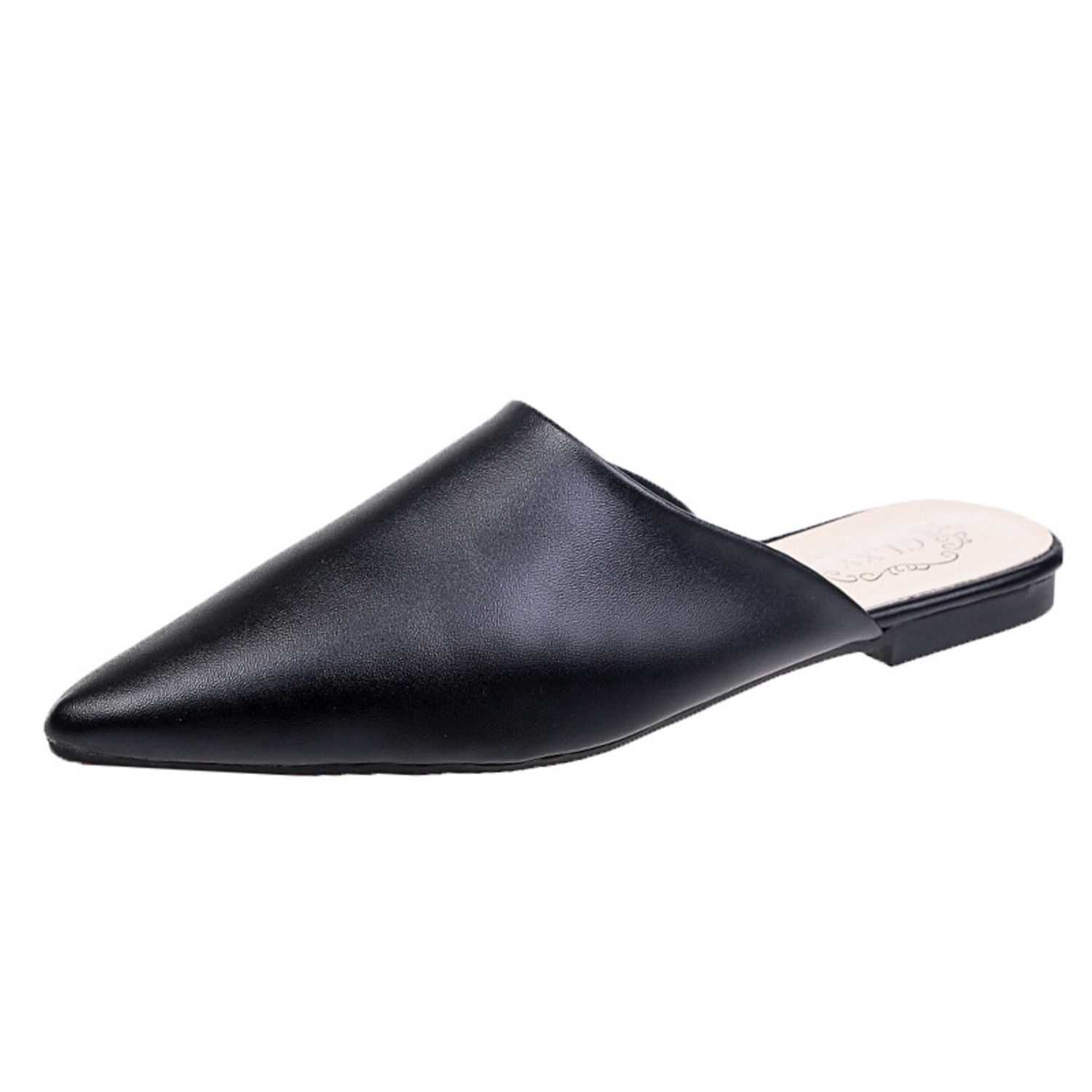 Women Closed Pointed Toe Flat Heel Slides Slippers Faux Leather Mules Shoes
