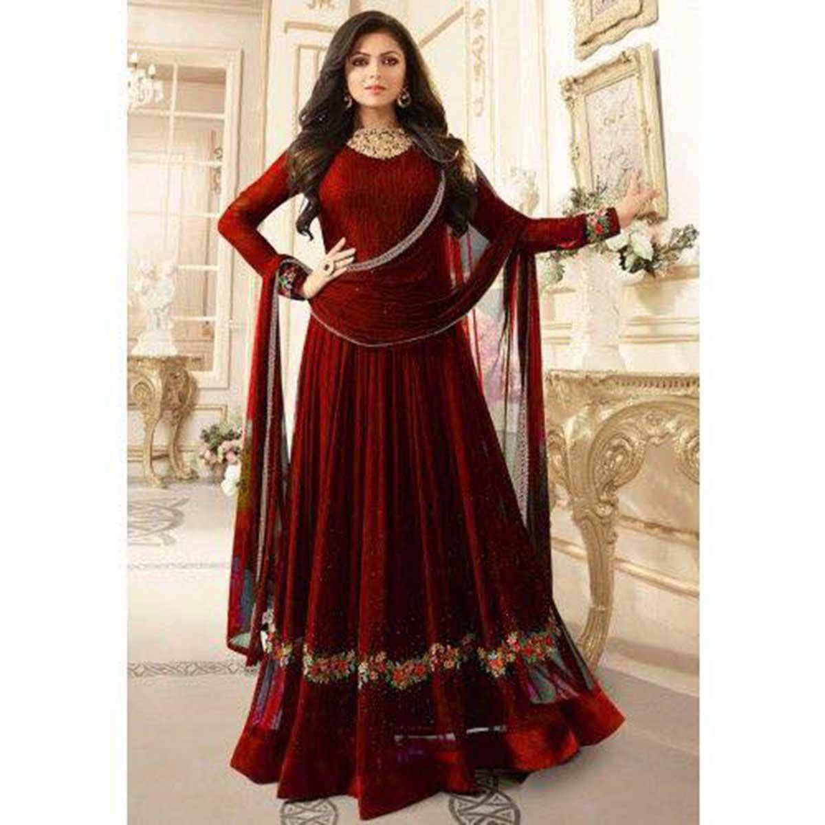 Fashionable Unstitched Maroon Georgette Gown For Women
