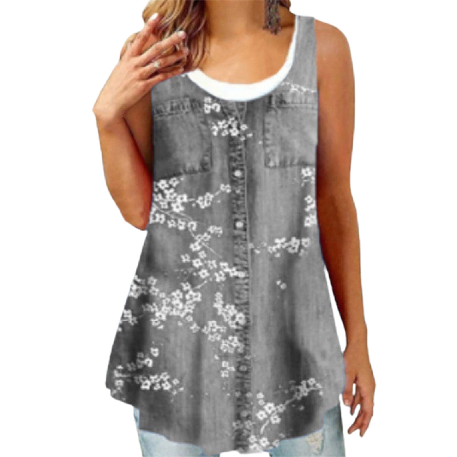 Simple Blouse Pockets Lady Casual Floral Print Loose Vest