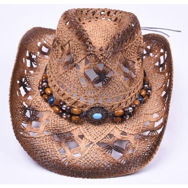 Men Women's Summer Classic Western Cowboy Straw Hat Hollow Cowboy Hat Punk Rope Women Western Wide Curling Brim Cap