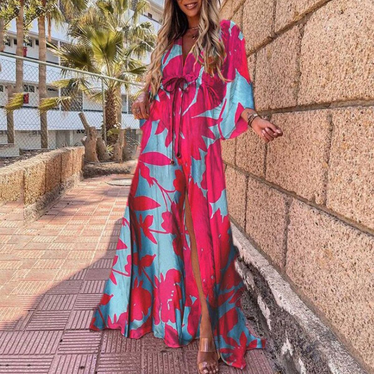 2021 Summer  Slim Split Hem Maxi Dress Elegant Elastic Waist on Beach Long Dress Women Fashion Print Deep V Boho Dresses