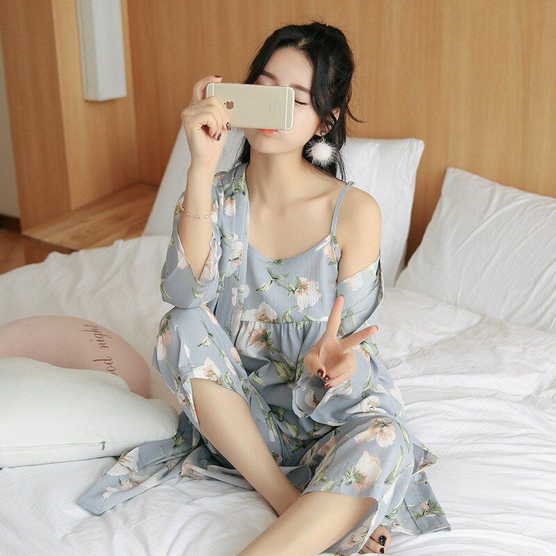3 Piece Pajama Set Women Floral Printed Sleepwear Autumn Women's Clothing Sling Top Pants Long Robe Pajamas Sets Nightwear Suit