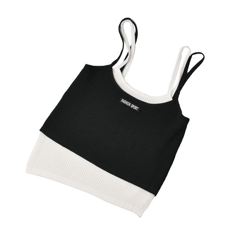 Ladies Summer Midriff-baring Camisole, Girls U-neck Fake Two Pieces Color Matching Splicing Sleeveless Tops Slim Base Shirt