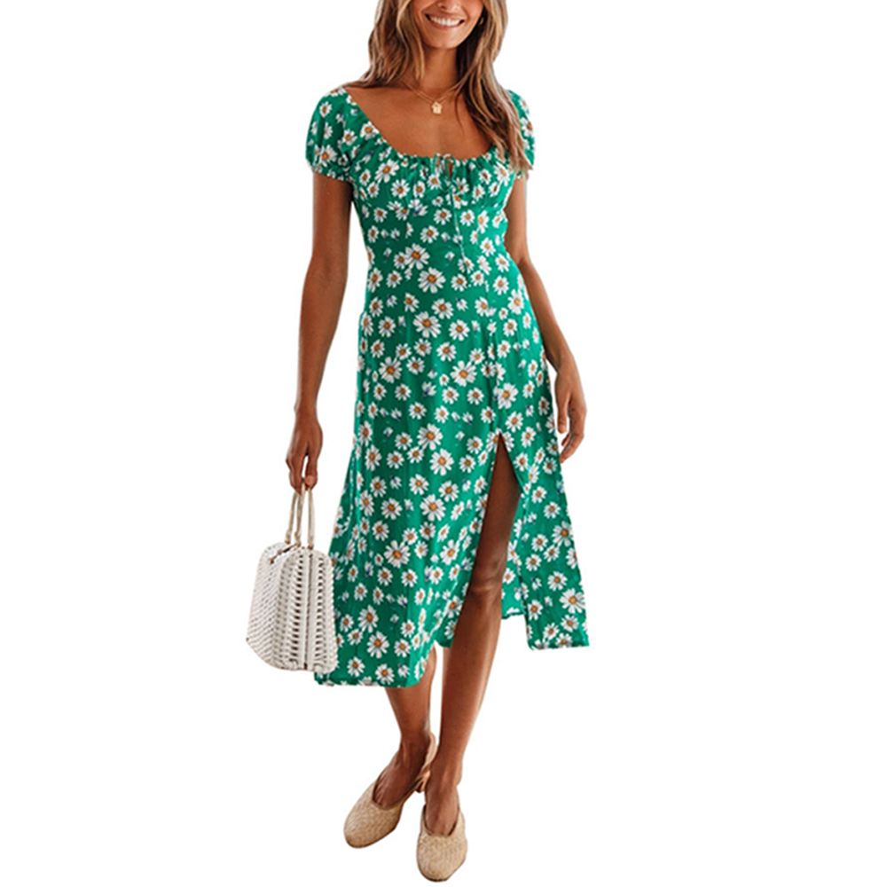 New Ladies Summer Little Daisy Print Dress Puff Sleeve Square Neck Mid-Calf Dress Women’s Daisy Drawst