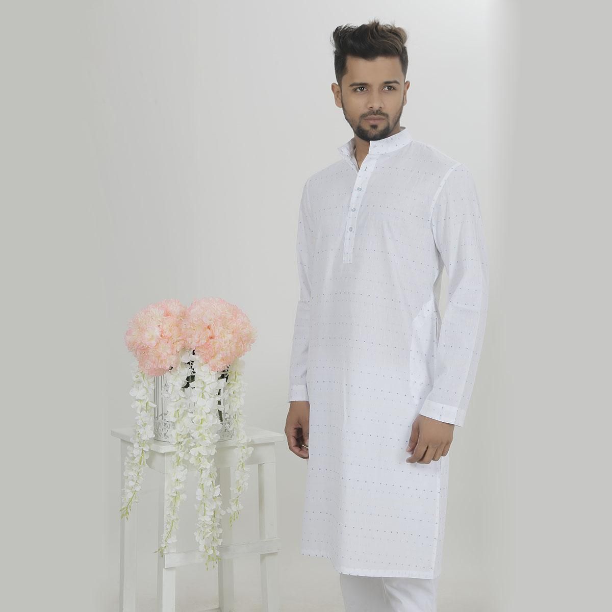 WHITE MULTI COLOR DOT PANJABI WITH FINE COTTON