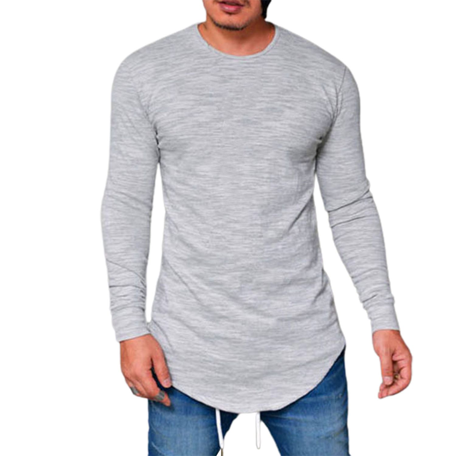 Men Shirt Round Neck Pure Color Crew Neck T-shirt
