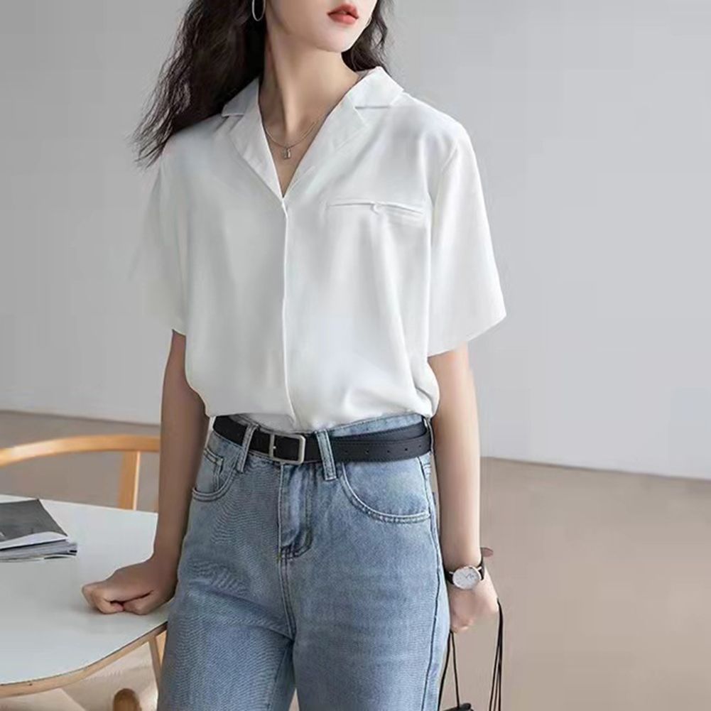 GC Women Chiffon Shirt Solid Color V-neck Short Sleeve Single-breasted Bottoming T-shirt