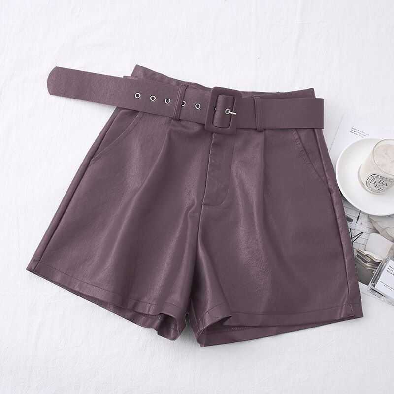 New PU Leather Shorts Women Shorts All-match Sashes Wide Leg Short Ladies Leather Shorts Autumn Winter