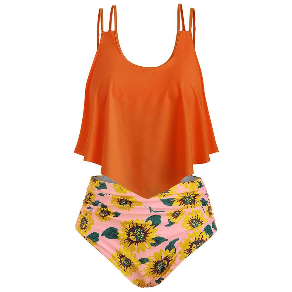 Summer Women Two-piece Sunflower Print Ruched High Waist Tankini Set Swimwear