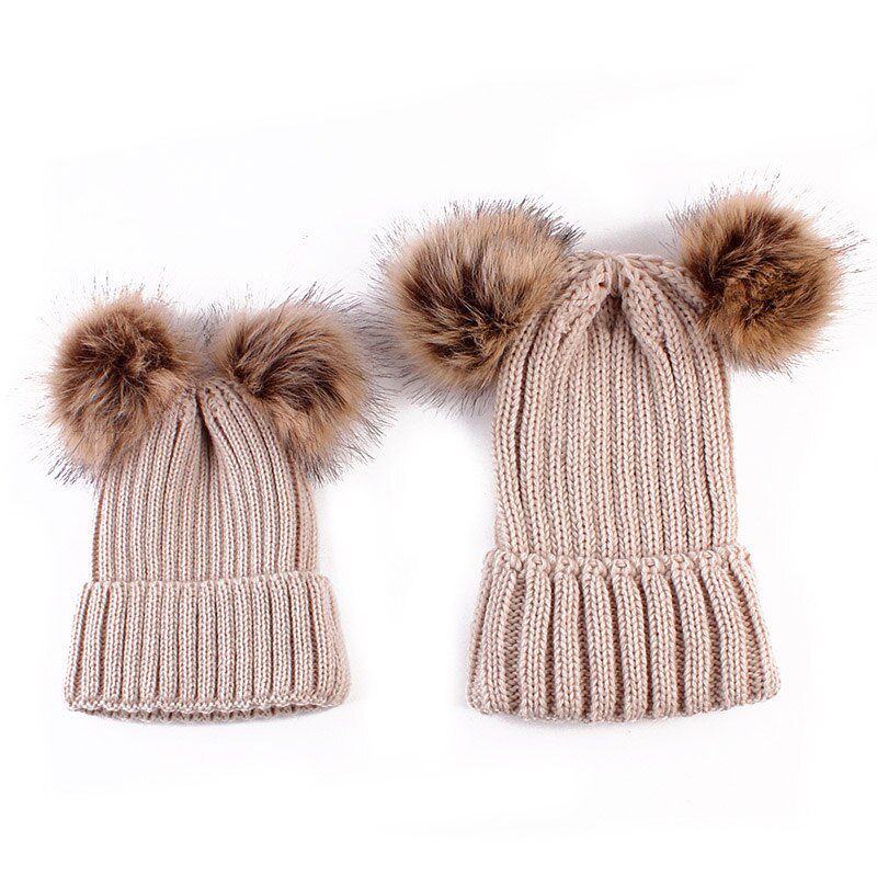 2Pcs Mom Baby Fur Pompom Warm Winter Crochet Knit Wool Solid Color Beanie For Women Boys Girls Matching Hats
