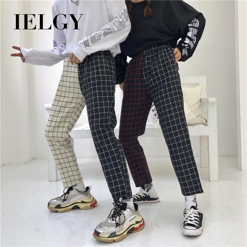IELGY Personality stitching retro plaid casual pants
