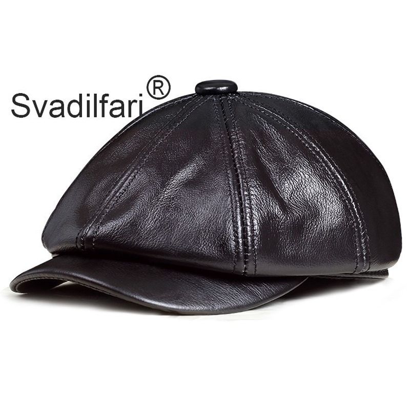 Retro Octagonal  Leather Hat Autumn Men's Cowhide Leather Beret Elegant Fashion StuTongue Cap Snapback Caps For Men