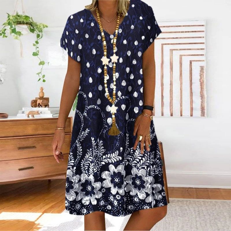 Big size dress women summer dress Loose short sleeve flowers printed dresses plus size women clothing dress
