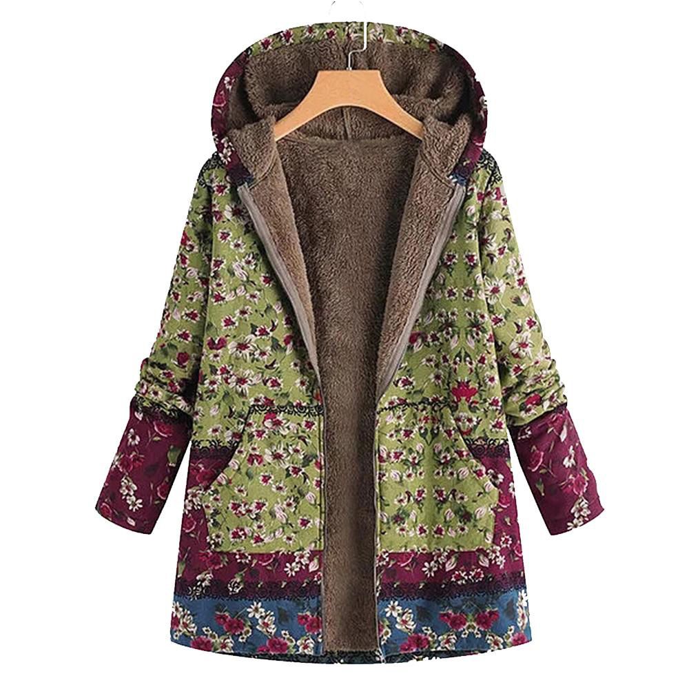 Warm Long Sleeve Jacket Coat Leaves Floral Print Fluffy Zipper Hoodie Plus Size S-5Xl