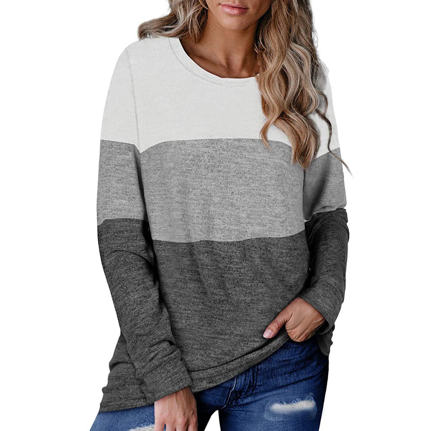 Women T-shirt Round Neck Elegant Contrast Color Sweatshirt