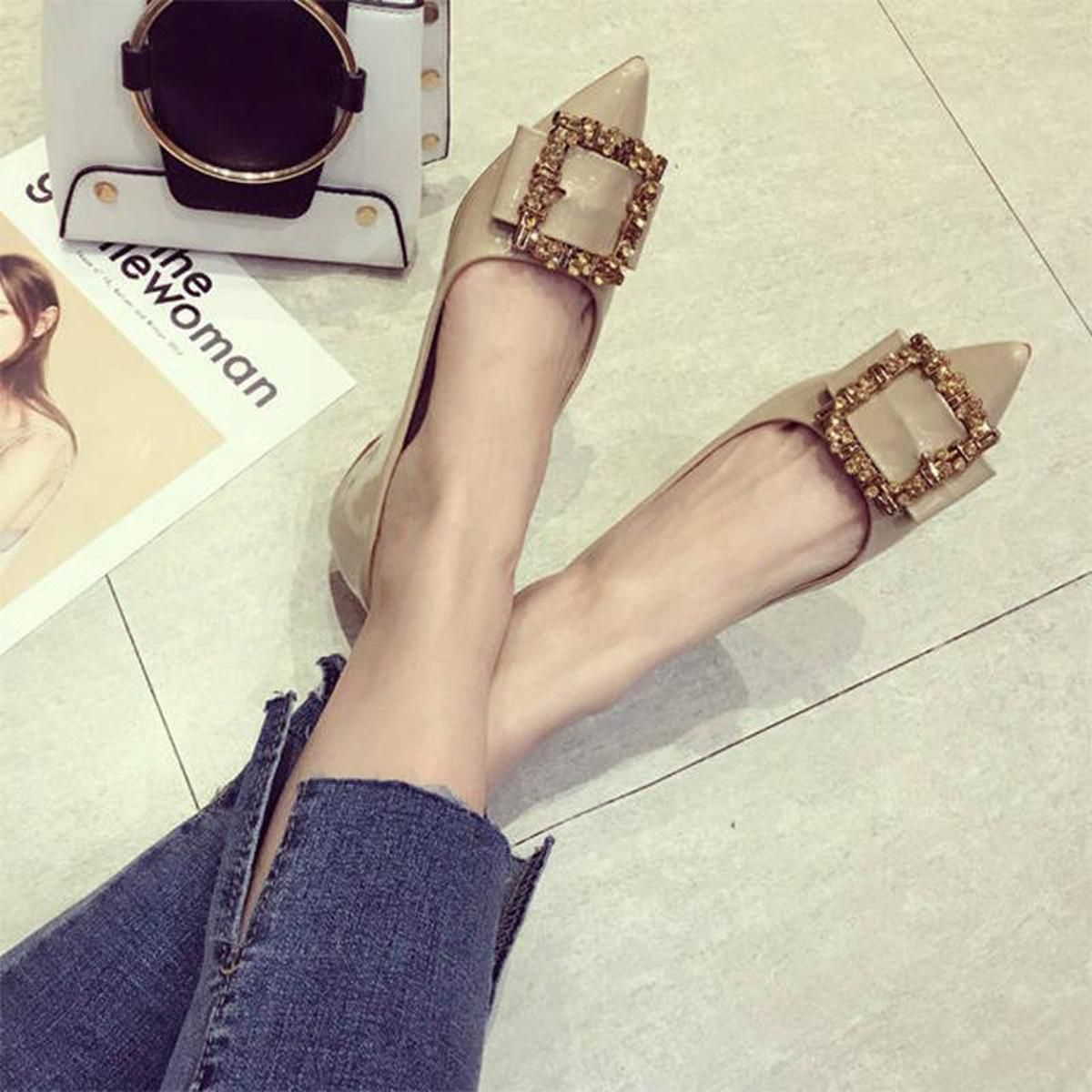 Eastern Dawn Women Plus Size Flat Shoes Size 35-44 New Fashion Patent Leather Korean Version Pointed Boat Shoes Fashion Wild Women Shoes Pointed Flat Shoes Shallow Mouth Shoes