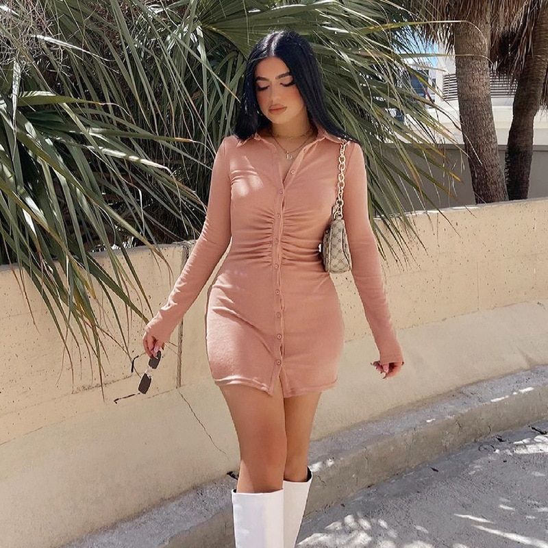 Cryptographic Ruched Black Women's Shirt Dress Fashion Casual Turn-Down Collar on Up Women's Mini Dresses Bodycon Solid