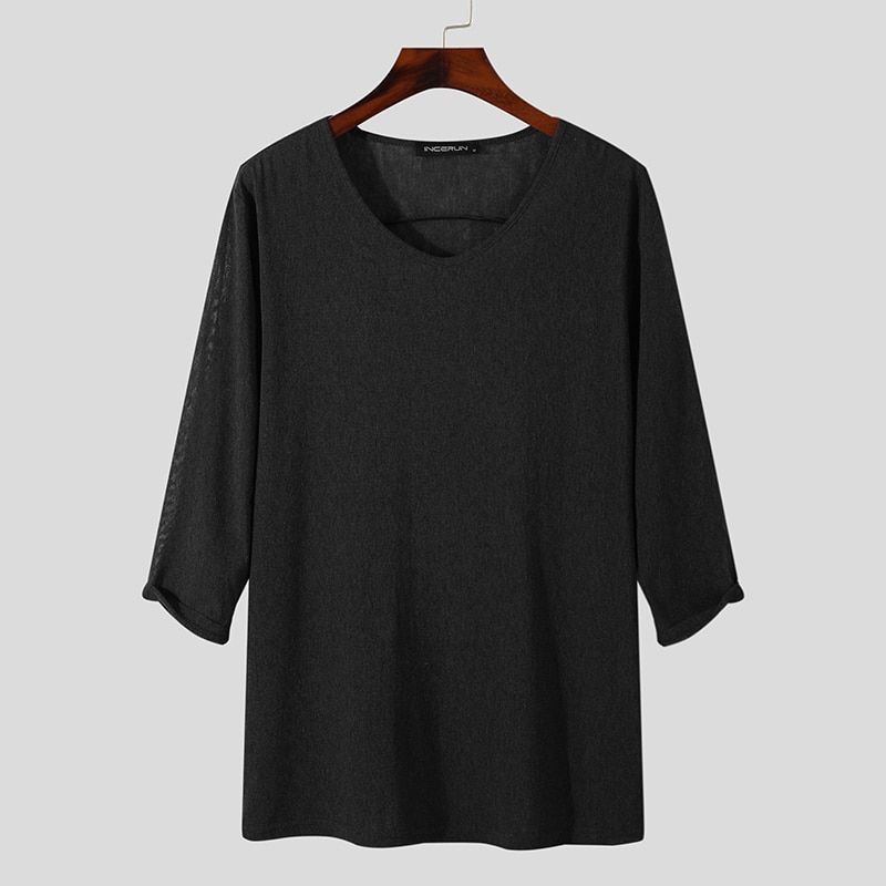 Men T Shirt V Neck 3/4 Sleeve Solid Color Streetwear Casual Thin Tee Tops Fitness Breathable Camiseta Masculina INCERUN 5XL