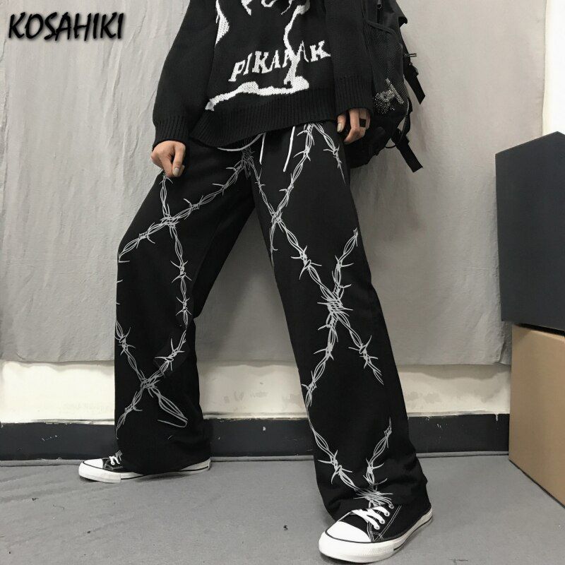 Punk Print Loose Women Wide Leg Pants Casual Streetwear Japanese Trousers Hip-hop High Waist Pantalon Femme