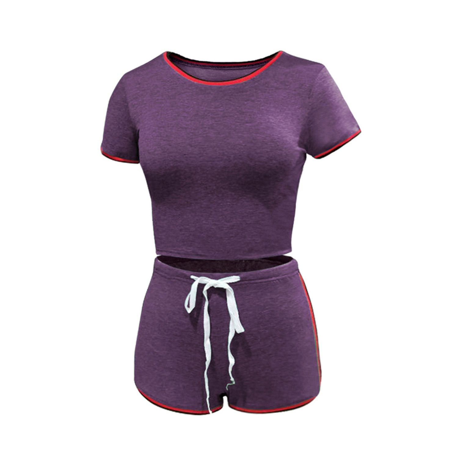 Women 2 Pcs Sports Short Suits Summer Round Neck Short Sleeve T-shirt + Drawstring Short Pant Pajamas Tracksuit