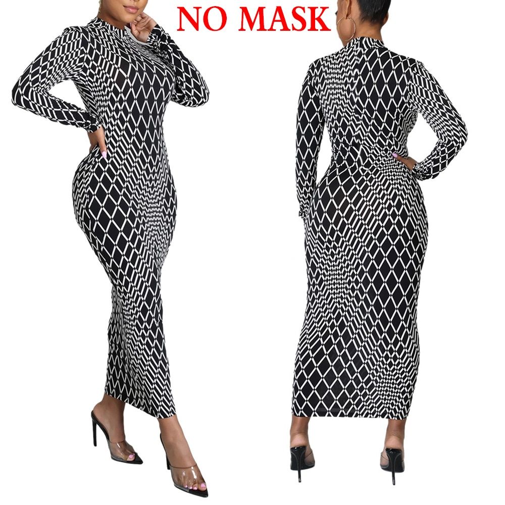 OTEN Vintage Print Long Sleeve Bodycon  Dress Women Mock Neck Autumn Streetwear Party Festival Dresses Outfits Vestidos