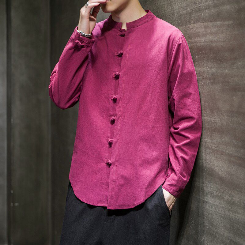 2020 Linen Shirts Men Clothing Chinese Style Long Sleeve Retro Buttoned Shirt Solid Color Stand-up Collar Loose Plus Size Tops
