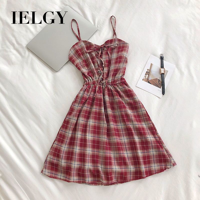 IELGY Korean small fresh V-neck cross strap plaid suspender skirt pants elastic high waist wide leg jumpsuit