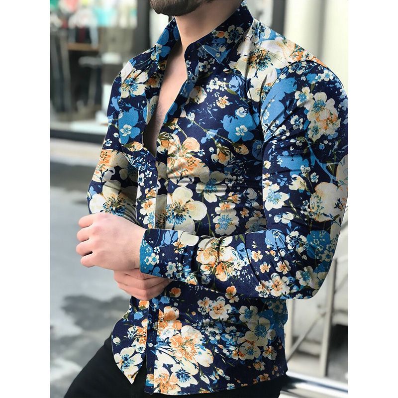 Men's butterfly print shirt, tight shirt, men's long sleeve shirt, 2021 cotton e-shirt