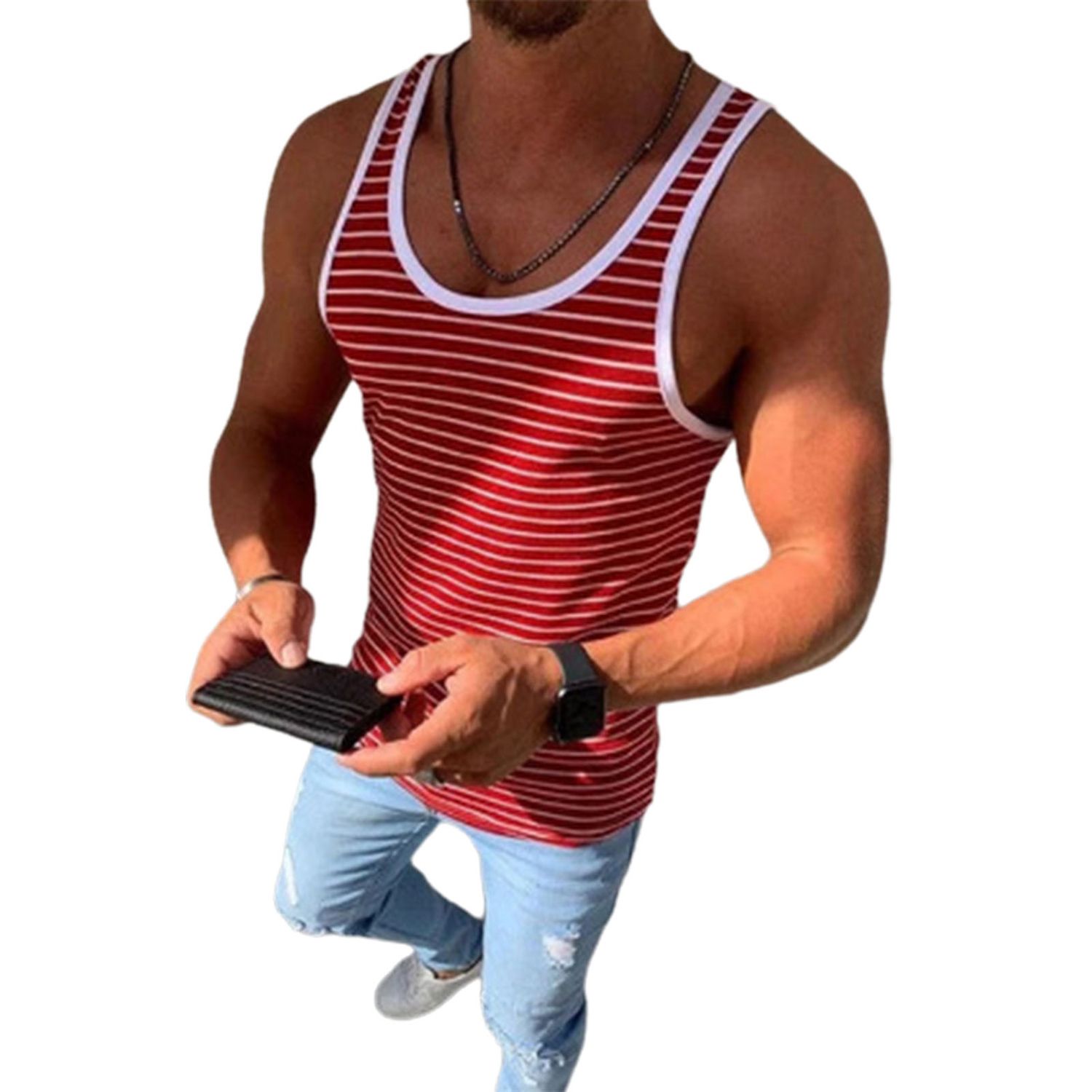 Summer Men Vest Sleeveless Horizontal Stripes O Neck Slim Tank Top T-shirt for Bodybuilding