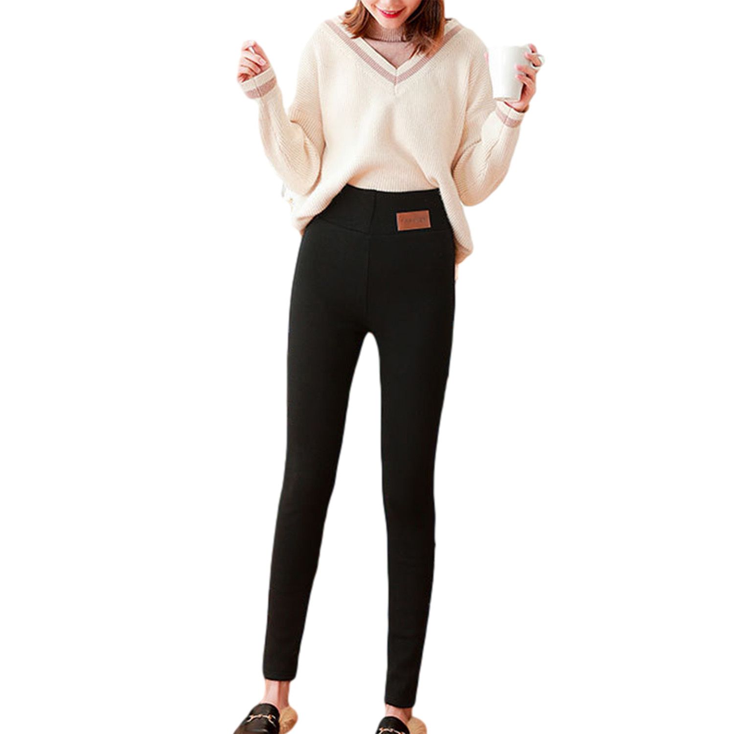 Woman's Solid Color Casual Base Trousers, Thickened Warm High Waist Elastic Lamb Wool Plush Pencil Pants, Daily Life