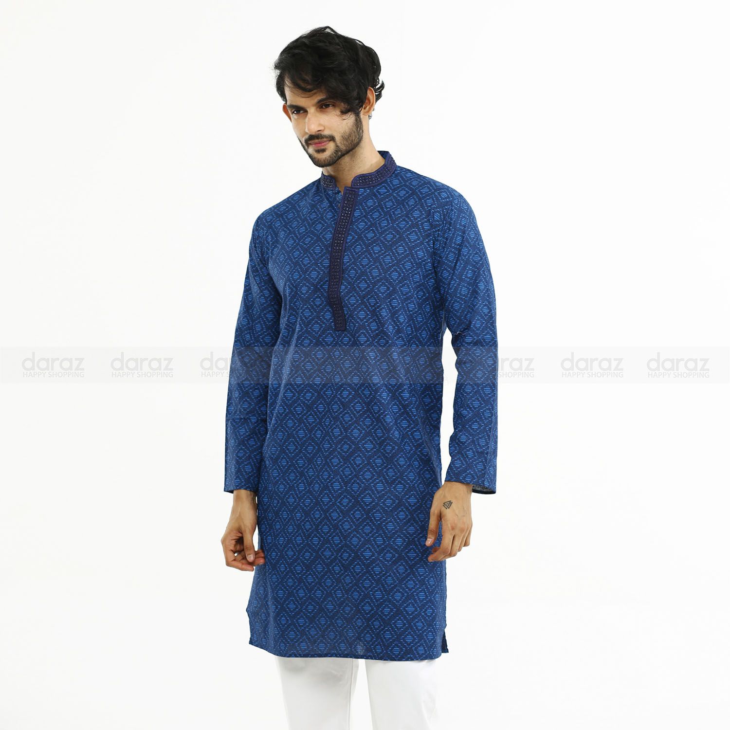 Indian Coton Blue Print Panjabi For Men's