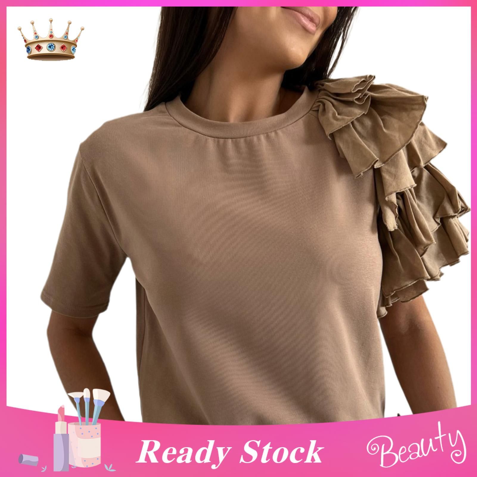 Women Pullover Round Necks Pleats Stitching Blouse