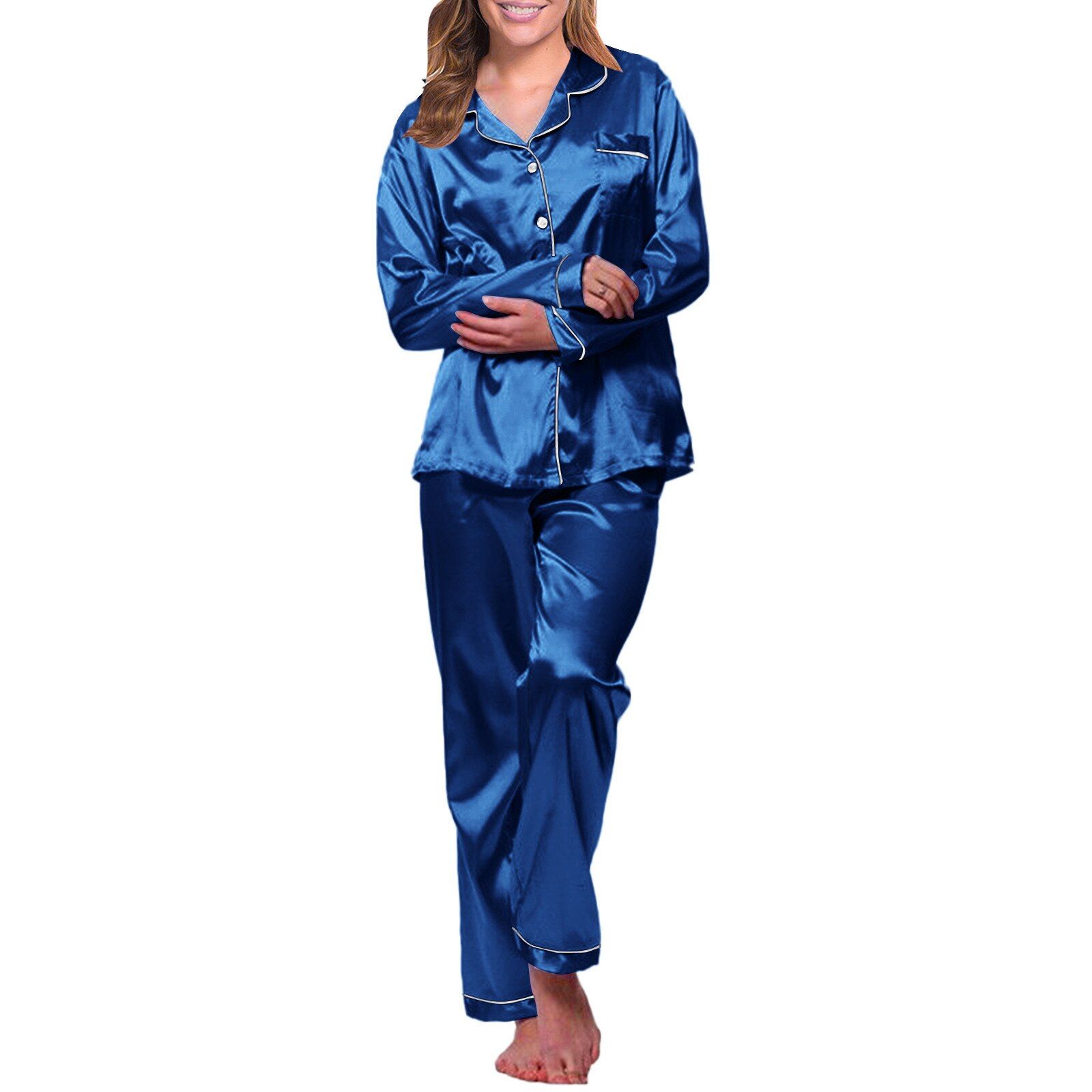 Womens Silk Satin Pyjamas Set Sleepwear Two Piece Set Solid Color Long Sleeve Loungewear Women Plus Size Pajamas Suit Female