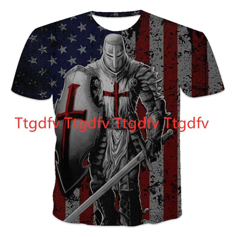2021 fashion summer design knight pattern printed T-shirt retro style European and American street short-sleeved men's T-shirt