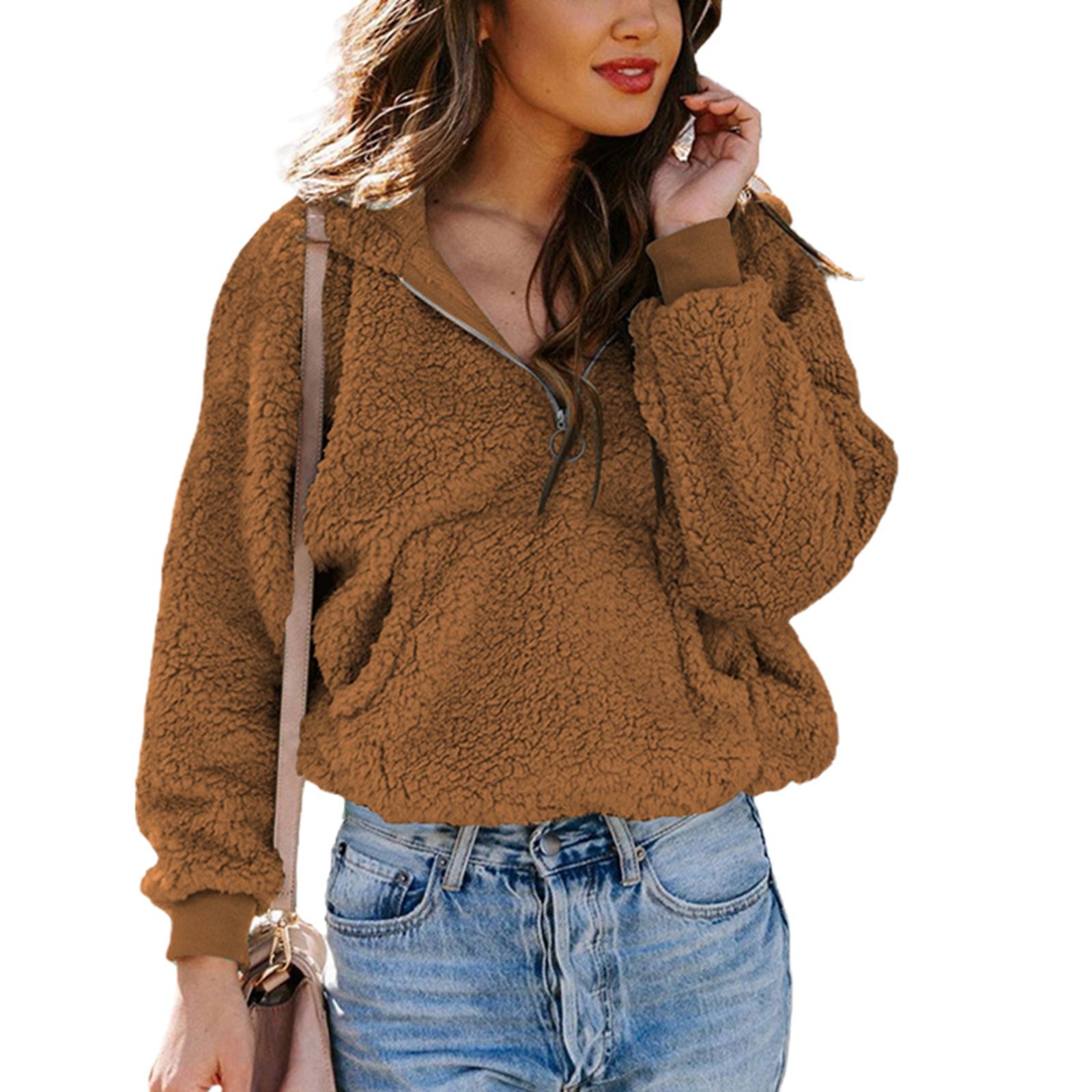 Women Solid Color Coat with Kangaroo Pocket, Quarter Zip Long Sleeve Hooded Pullover, S/ M/ L/ XL/ XXL