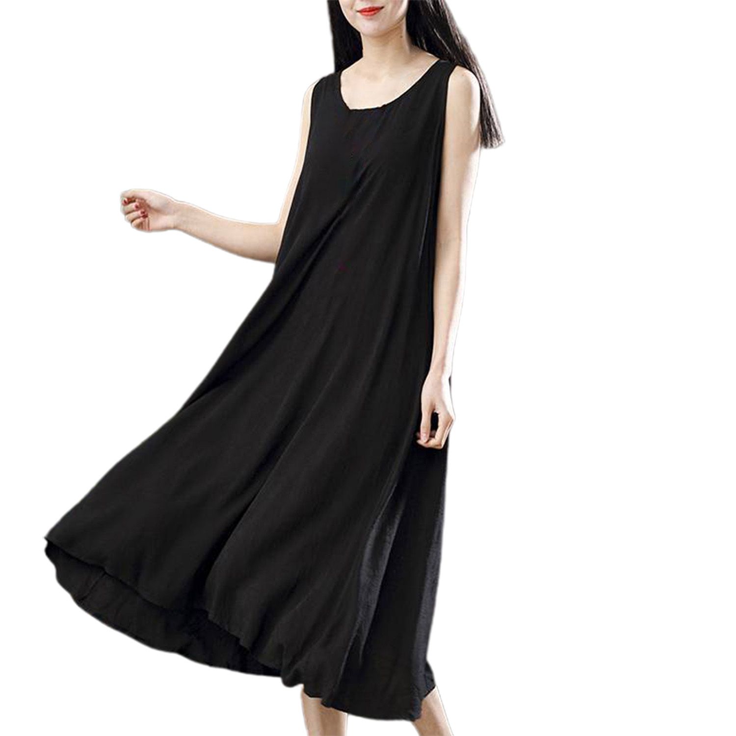 Summer Dress Solid Color Loose Women Round Neck Large Hem Dress for Beach