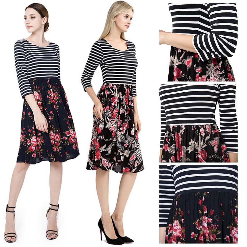 Summer Women Elegant Vintage dress Long-sleeved Cotton Printed A-line Skirt Stitching Belt Skirt Spring And Summer New Professional Design with nice material