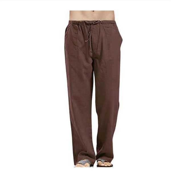 Summer Men Solid Color Linen Multi-Pocket Straight Casual Pants Plus Large Size Breathable Comfortable Drawstring Loose Trousers