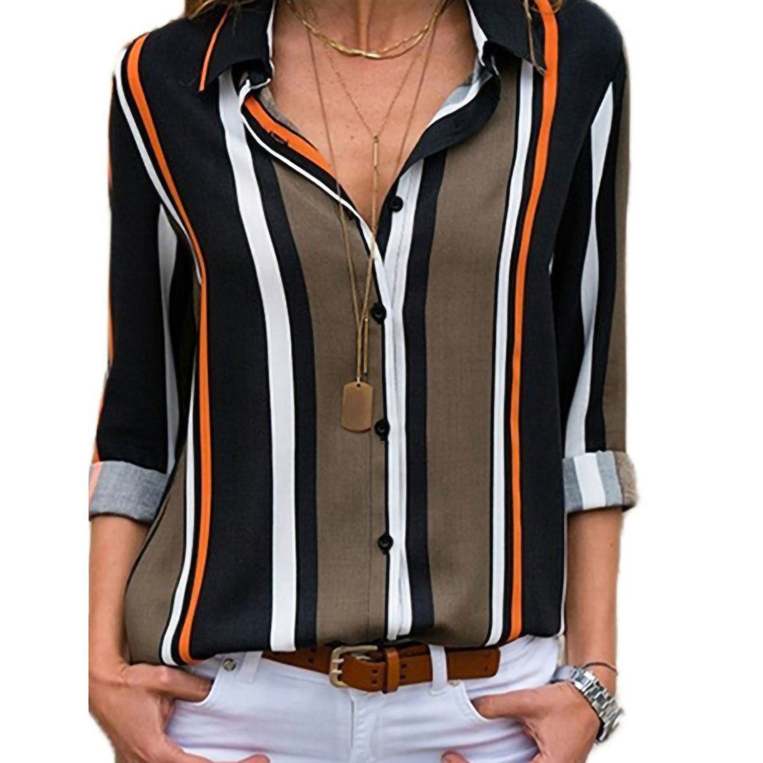 Office Shirt Strip Print Lapel Long Sleeve Ladies Blouses
