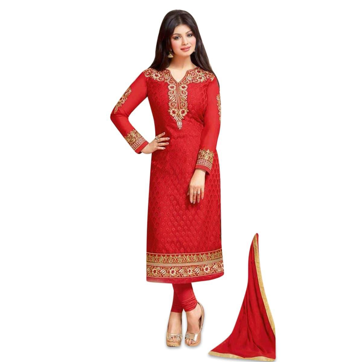 Unstiched Red Cotton Block Printed Salwar Kameez For Women