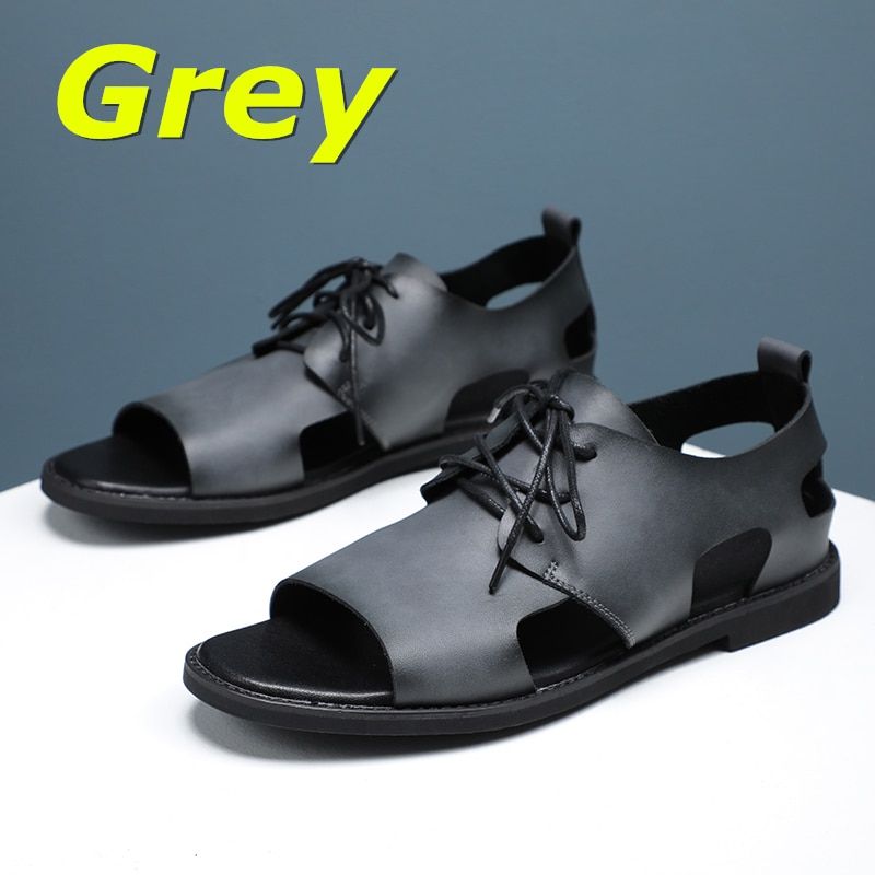 Misalwa 2022 Summer Lace-up Men Leather Sandals Whole Cut Piece Roam Flat Stylish Beach Shoes Men's Casual Slippers Daily
