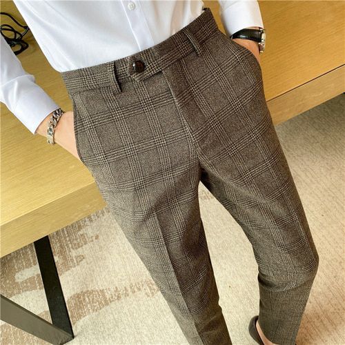 2021 Autumn Winter Plaid Suit Pants British Style Business Dress Formal  Pant Office Social Casual Slim Trousers Male Clothing